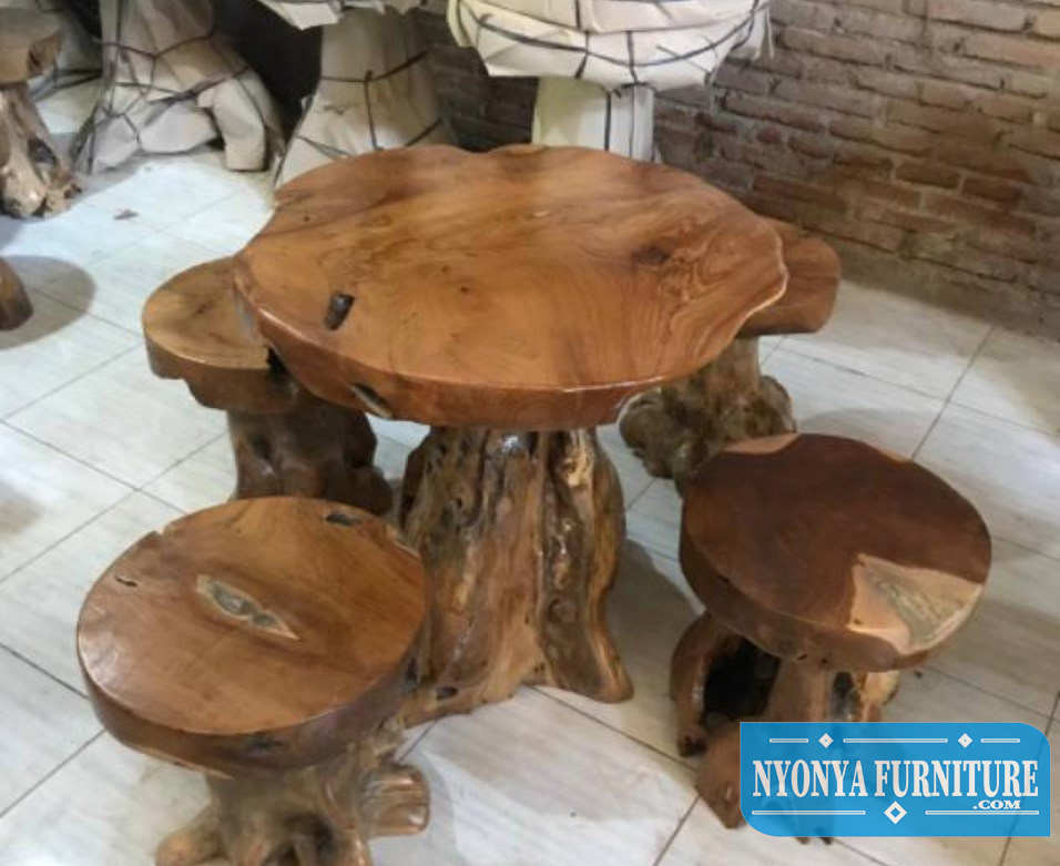meja makan kayu utuh bulat unik
