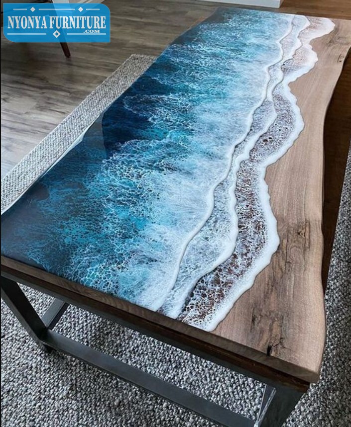 Meja trembesi resin ombak